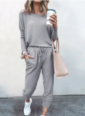 Women Plain Hoodie Long Sleeve Comfy Casual Top With Pants Two-Piece Set