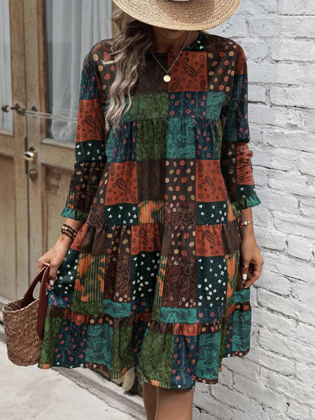 Women Ethnic Crew Neck Long Sleeve Comfy Casual Mini Dress