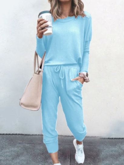 Women Plain Hoodie Long Sleeve Comfy Casual Top With Pants Two-Piece Set