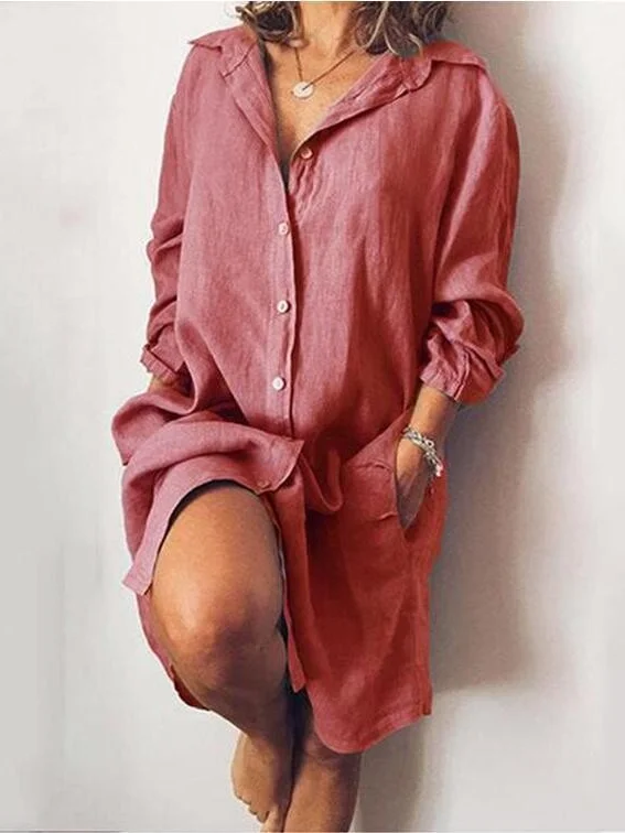 Women Plain Shirt Collar Long Sleeve Comfy Casual Mini Dress