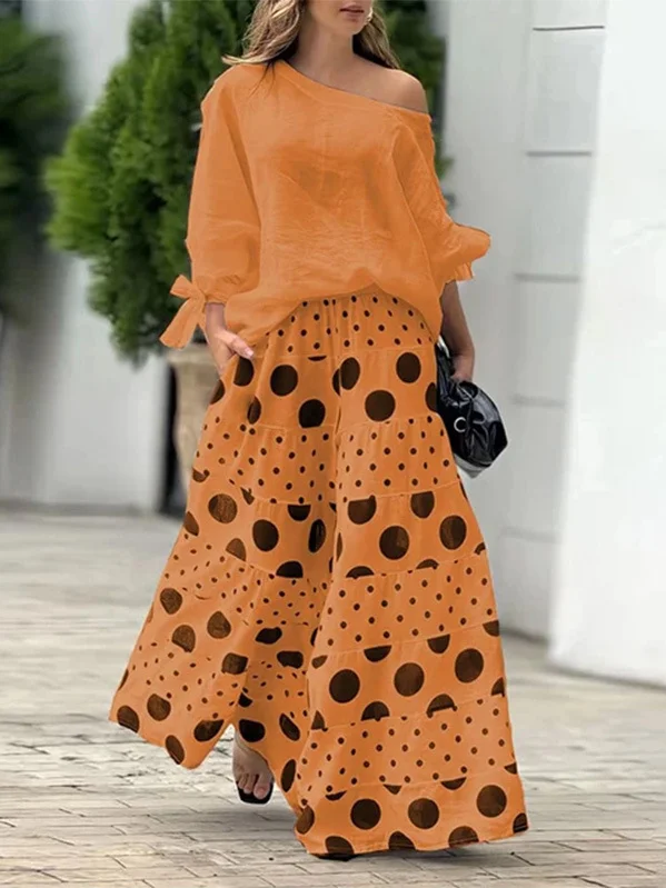 Women Polka Dots Three Quarter Sleeve Comfy Casual Top With Skirt Two-Piece Set