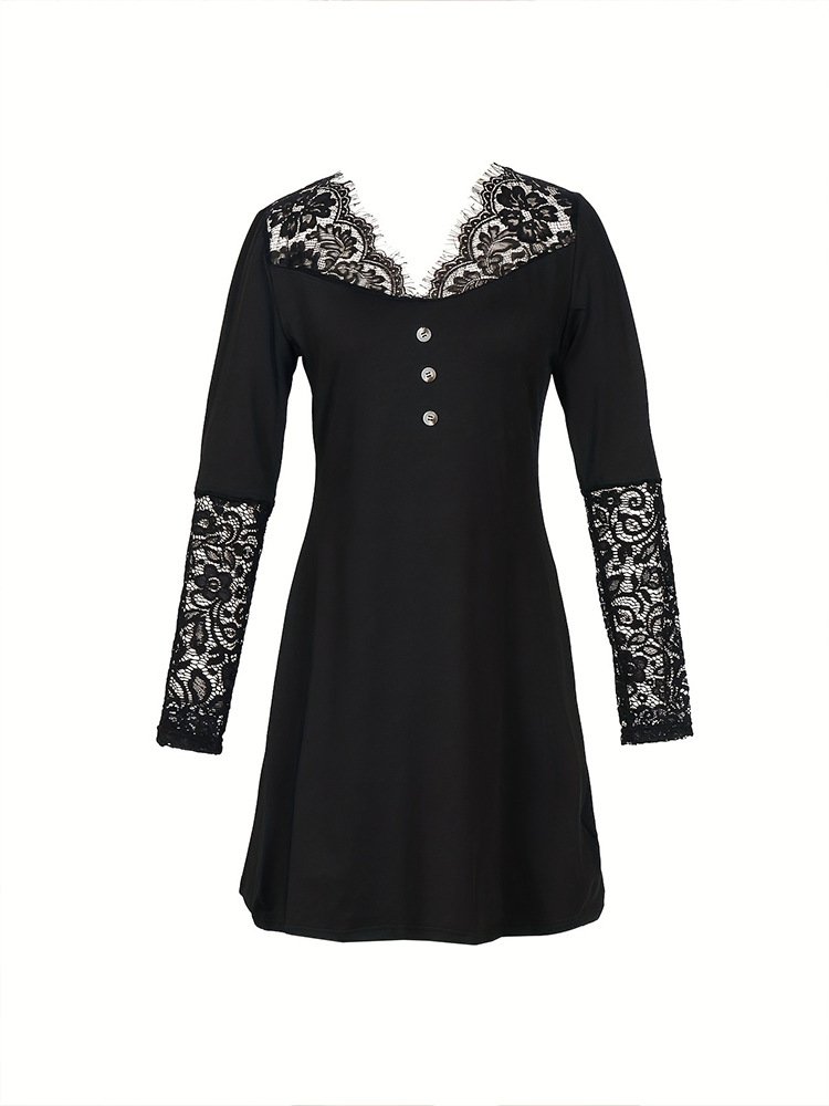 Women Plain V Neck Long Sleeve Comfy Casual Lace Mini Dress