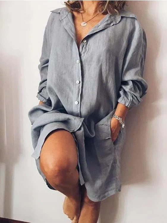 Women Plain Shirt Collar Long Sleeve Comfy Casual Mini Dress