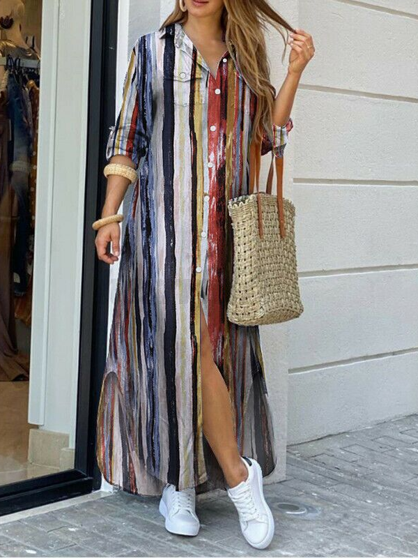 Women Striped Shirt Collar Long Sleeve Comfy Casual Maxi Dress