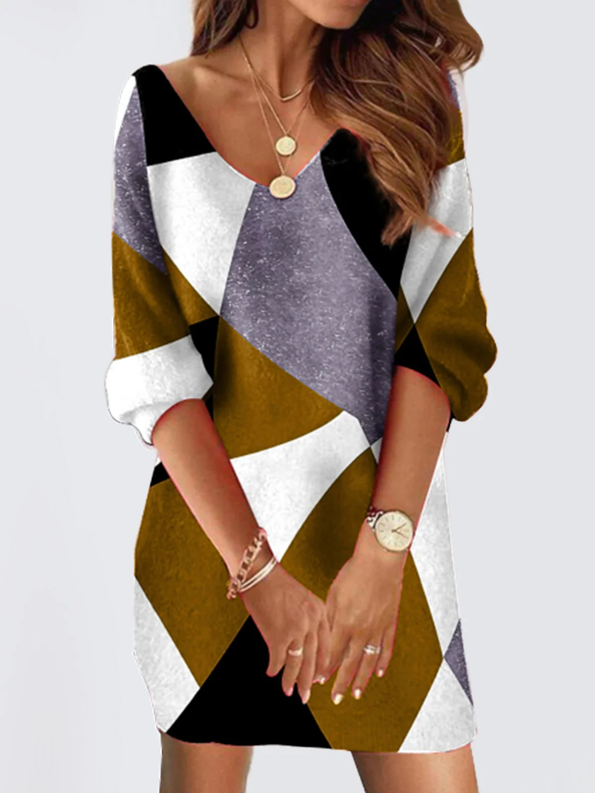 Women Abstract Graphic V Neck Long Sleeve Comfy Casual Midi Dress