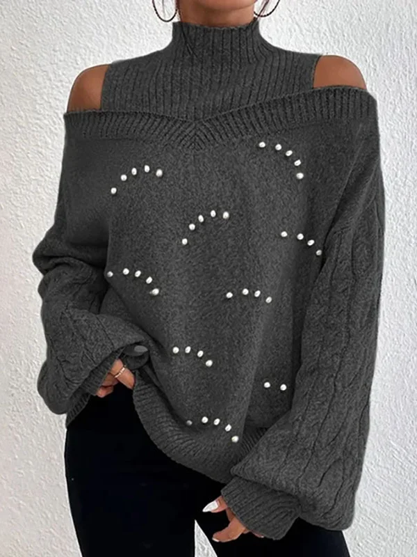 Women Yarn/Wool Yarn Plain Long Sleeve Comfy Casual Beaded Sweater