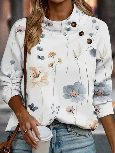 Casual Stand Collar Floral Sweatshirt Buttoned