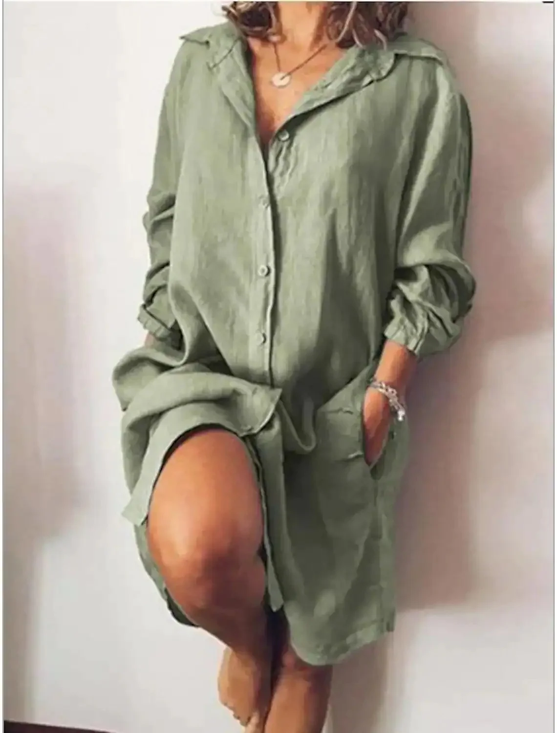 Women Plain Shirt Collar Long Sleeve Comfy Casual Mini Dress