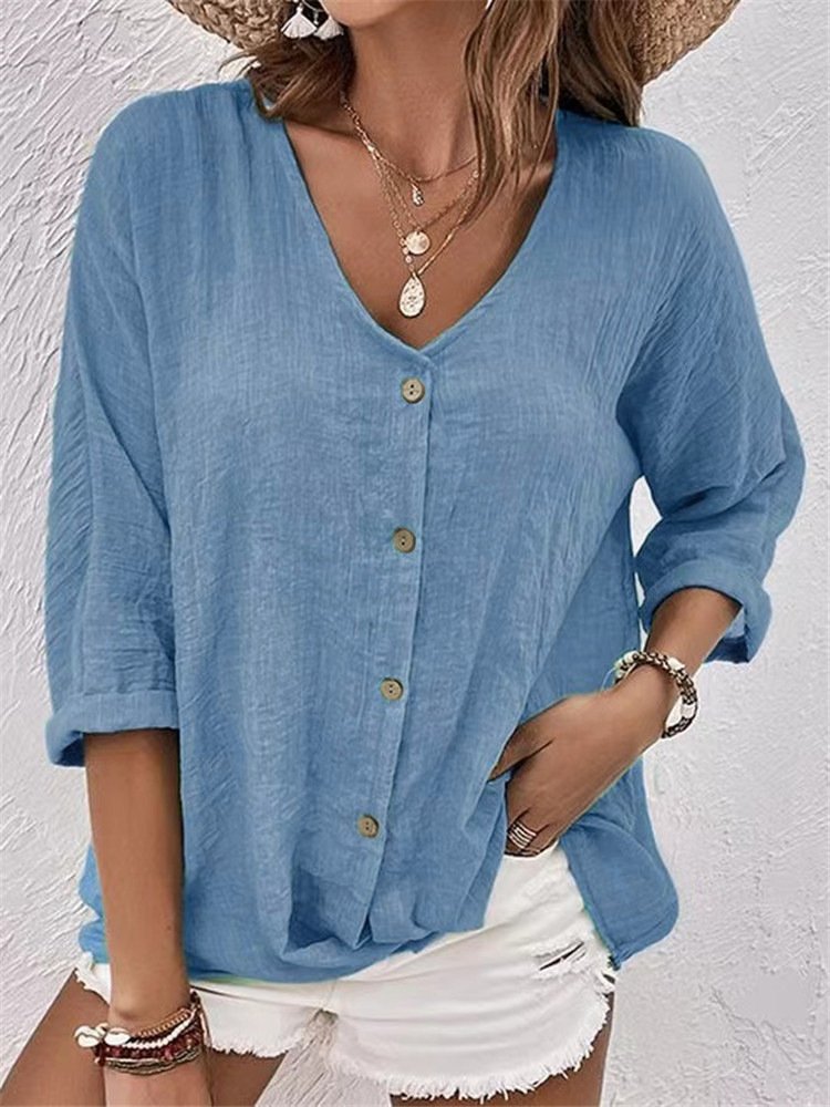 V Neck Long Sleeve Ombre Regular Loose Shirt For Women