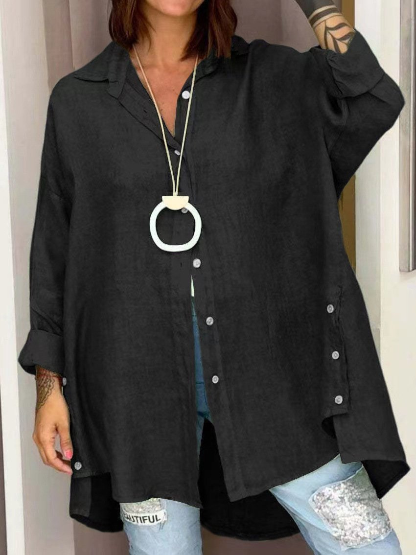 Shirt Collar Long Sleeve Plain Regular Loose Shirt For Women