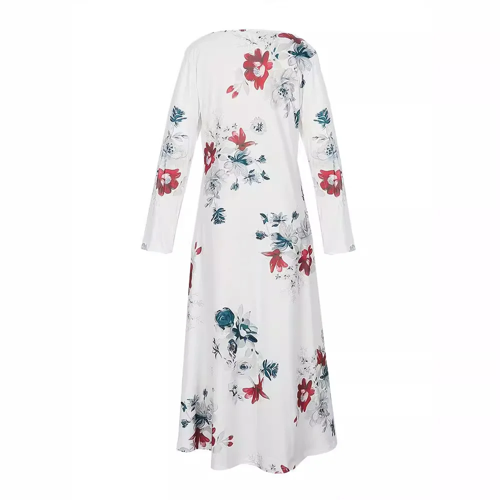 Women Floral Crew Neck Long Sleeve Comfy Casual Maxi Dress