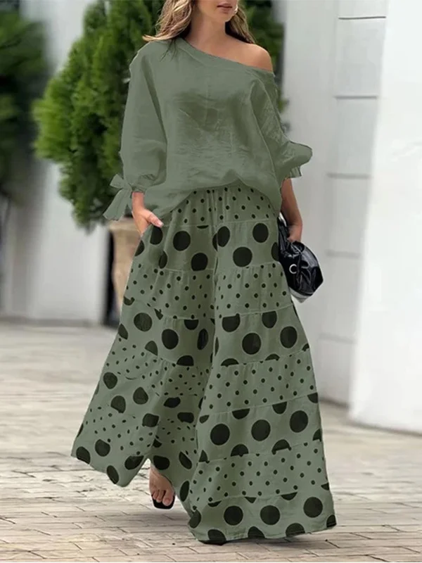 Women Polka Dots Three Quarter Sleeve Comfy Casual Top With Skirt Two-Piece Set