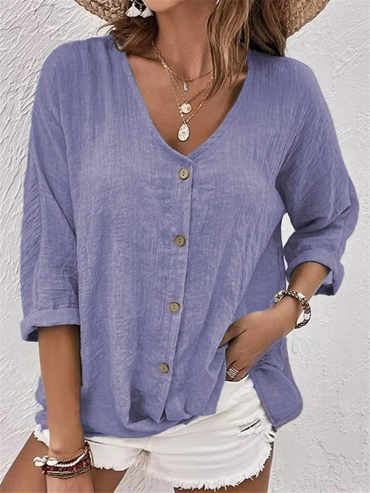 V Neck Long Sleeve Ombre Regular Loose Shirt For Women