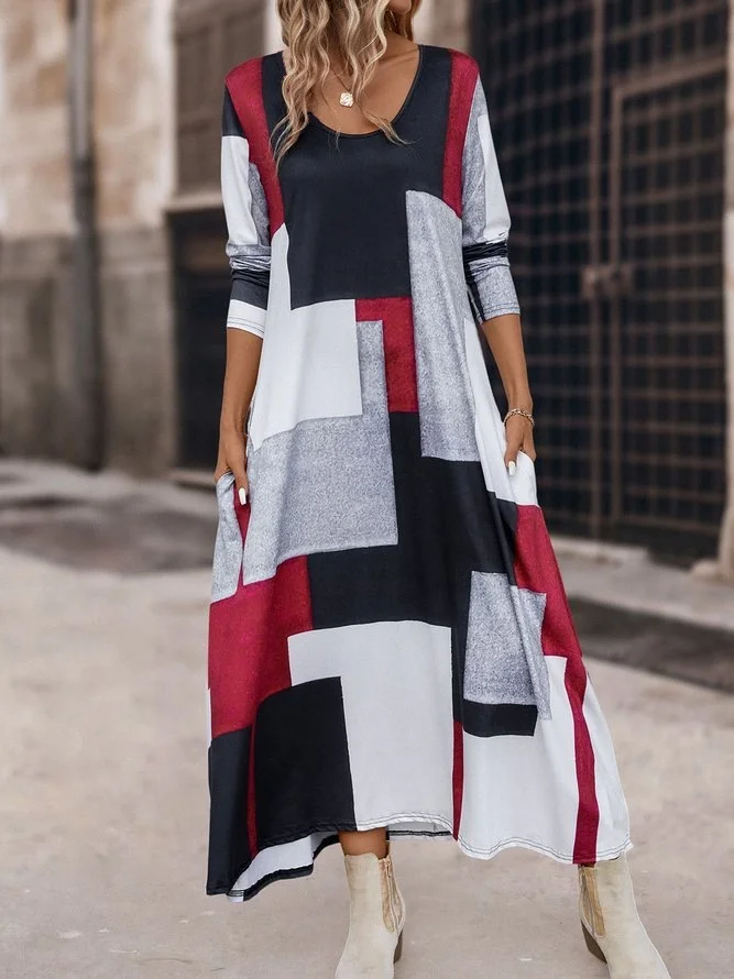 Women Geometric Crew Neck Long Sleeve Comfy Casual Maxi Dress