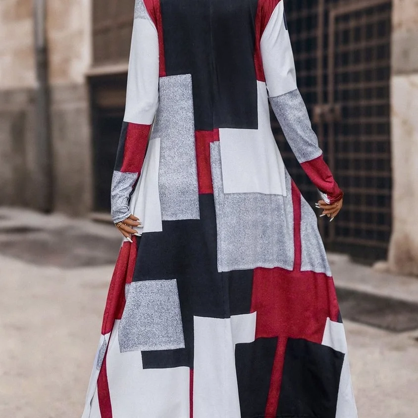 Women Geometric Crew Neck Long Sleeve Comfy Casual Maxi Dress