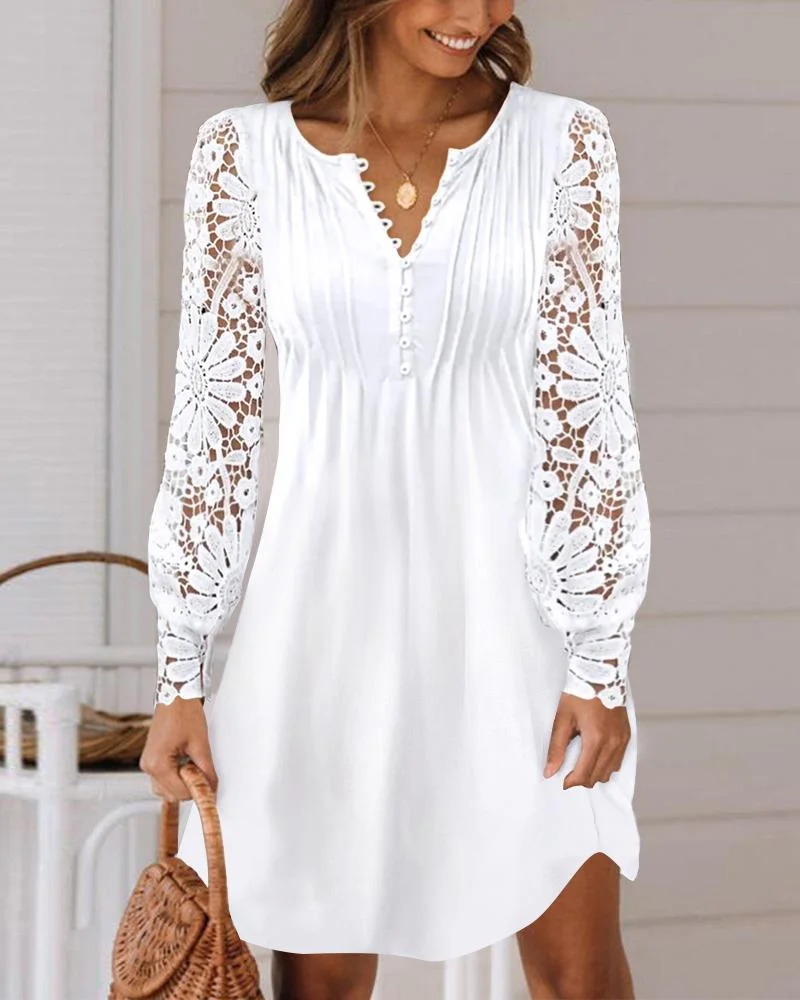 Women Plain V Neck Long Sleeve Comfy Casual Lace Maxi Dress