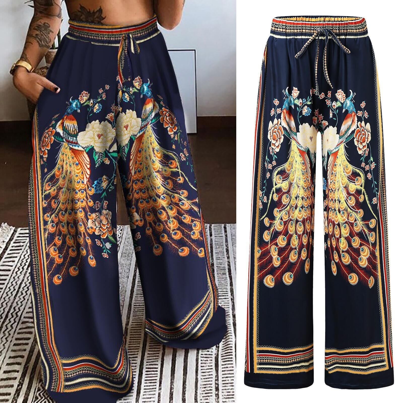 Women Casual Bird Print Loose Long Pants