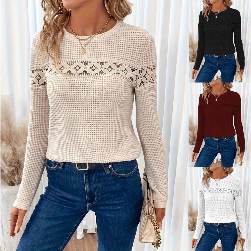 Crew Neck Long Sleeve Plain Lace Regular Micro-Elasticity Loose Blouse For Women