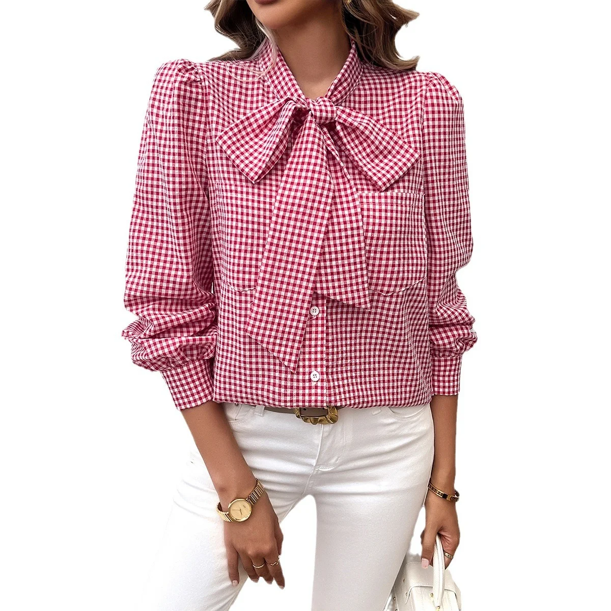 Shirt Collar Long Sleeve Plaid Bow Regular Loose Shirt For Women