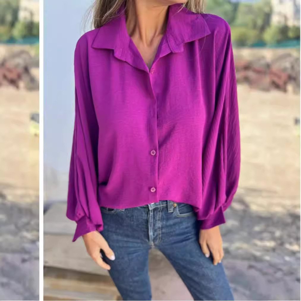 Shirt Collar Long Sleeve Plain Regular Loose Shirt For Women