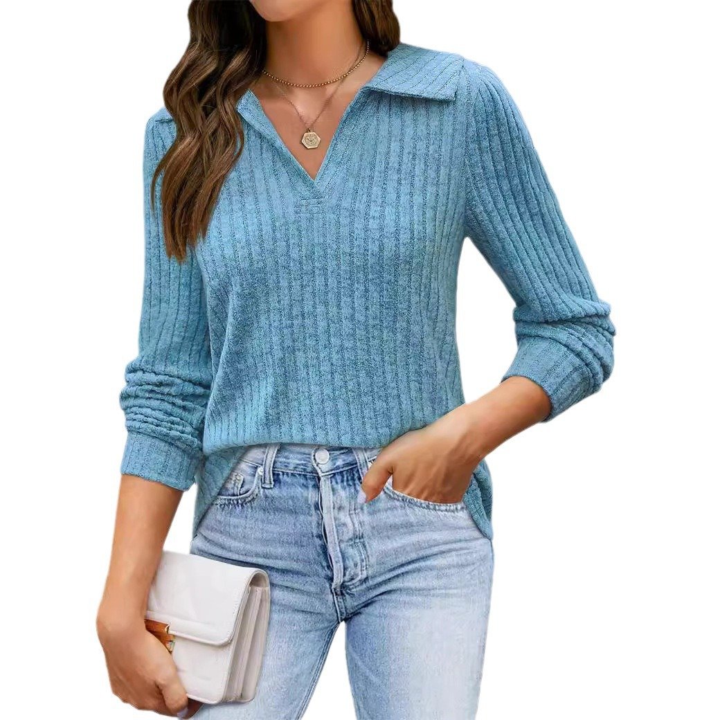 Shirt Collar Long Sleeve Plain Regular Medium Elasticity Regular Fit Blouse For Women