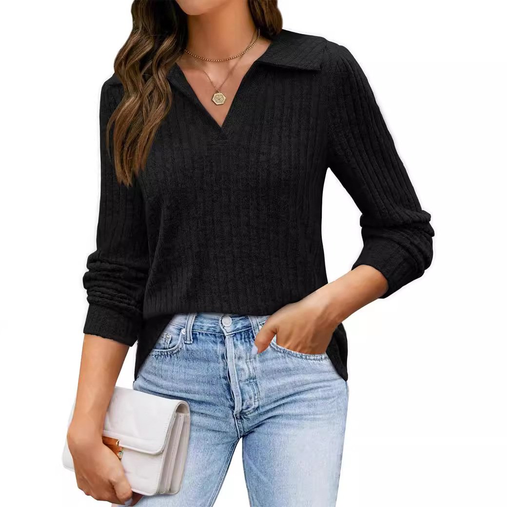 Shirt Collar Long Sleeve Plain Regular Medium Elasticity Regular Fit Blouse For Women