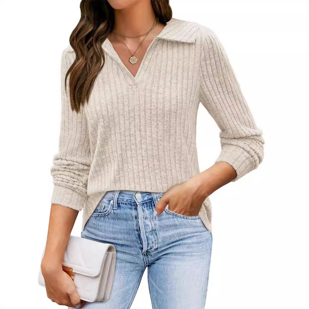 Shirt Collar Long Sleeve Plain Regular Medium Elasticity Regular Fit Blouse For Women