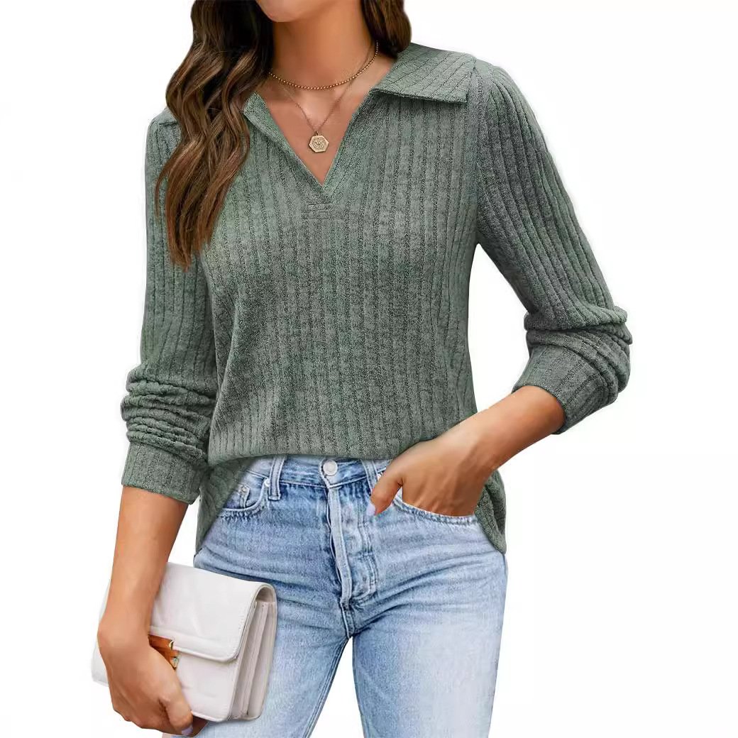 Shirt Collar Long Sleeve Plain Regular Medium Elasticity Regular Fit Blouse For Women