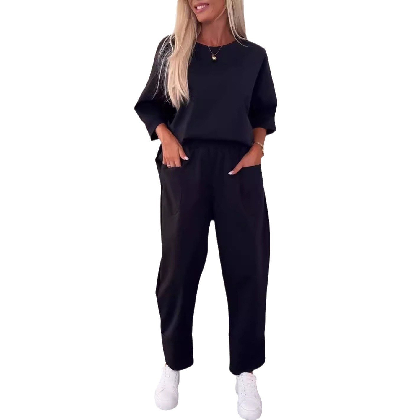 Women Plain Crew Neck Three Quarter Sleeve Comfy Casual Top With Pants Two-Piece Set