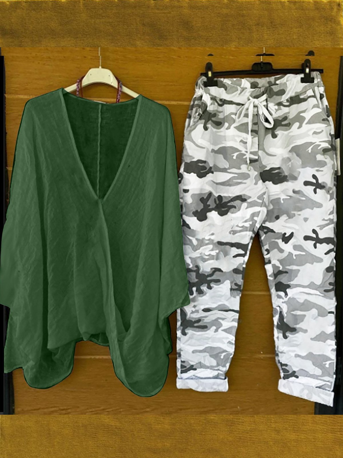 Women Camo V Neck Three Quarter Sleeve Comfy Casual Top With Pants Two-Piece Set