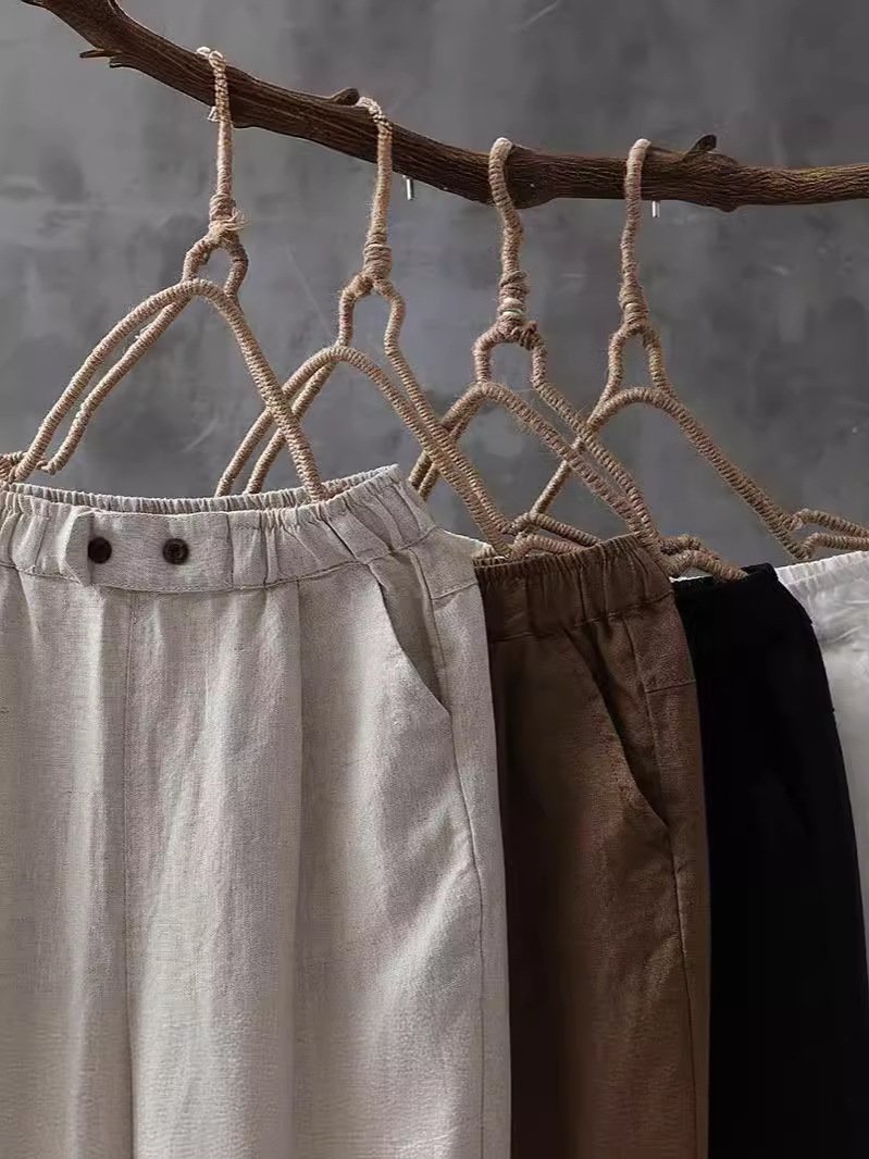 Casual Plain Cotton And Linen Long Pants