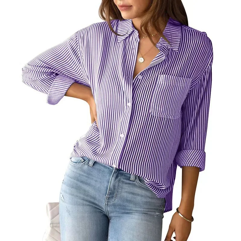 Shirt Collar Long Sleeve Striped Regular Loose Shirt For Women