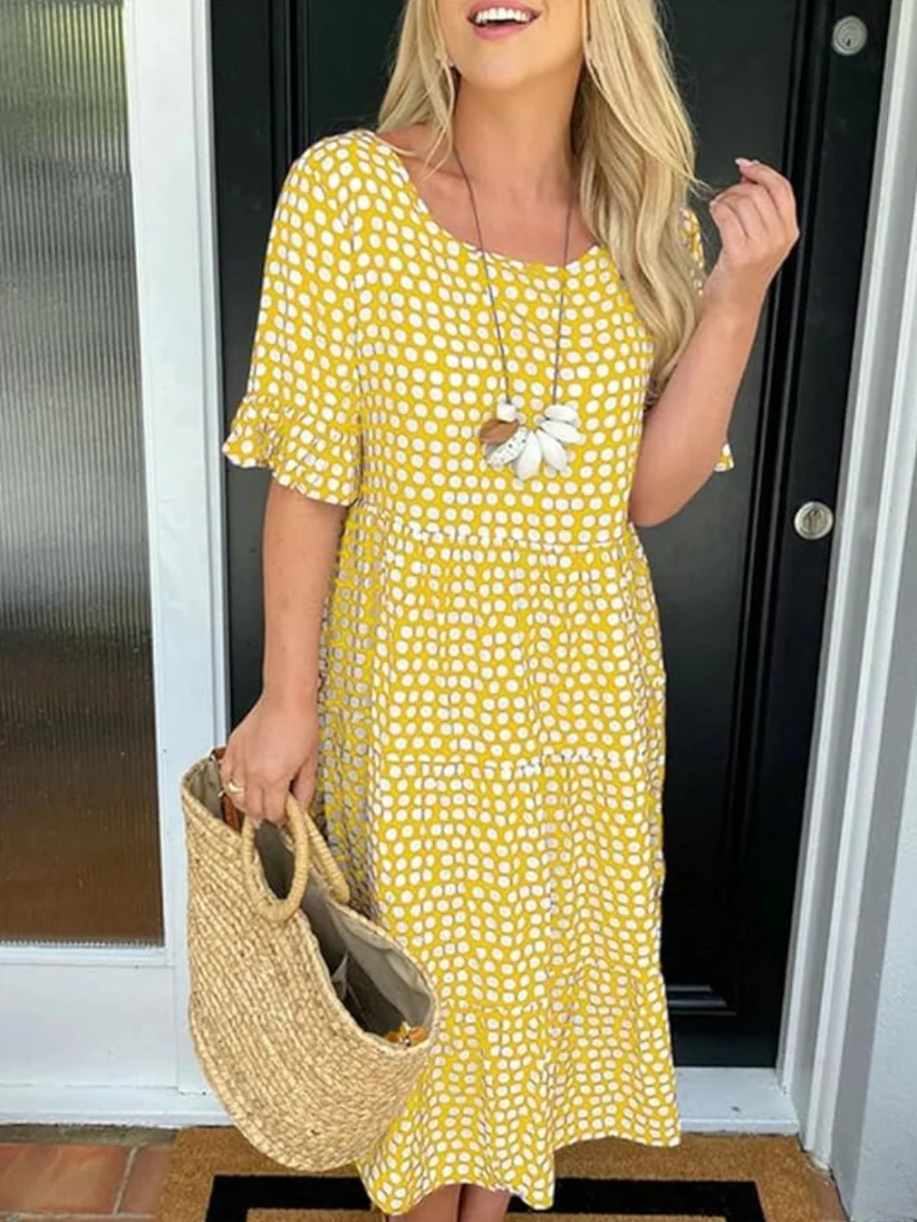 Women Polka Dots Crew Neck Short Sleeve Comfy Casual Midi Dress