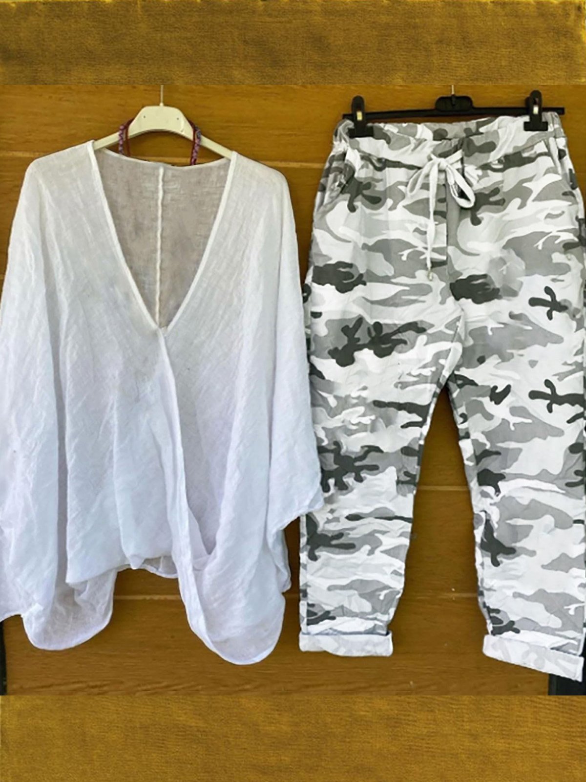 Women Camo V Neck Three Quarter Sleeve Comfy Casual Top With Pants Two-Piece Set