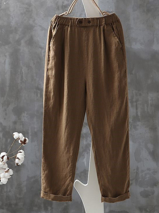 Casual Plain Cotton And Linen Long Pants