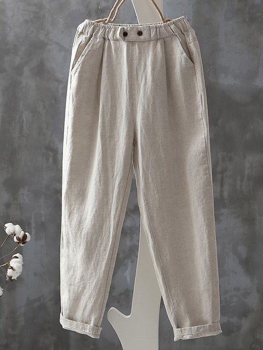 Casual Plain Cotton And Linen Long Pants