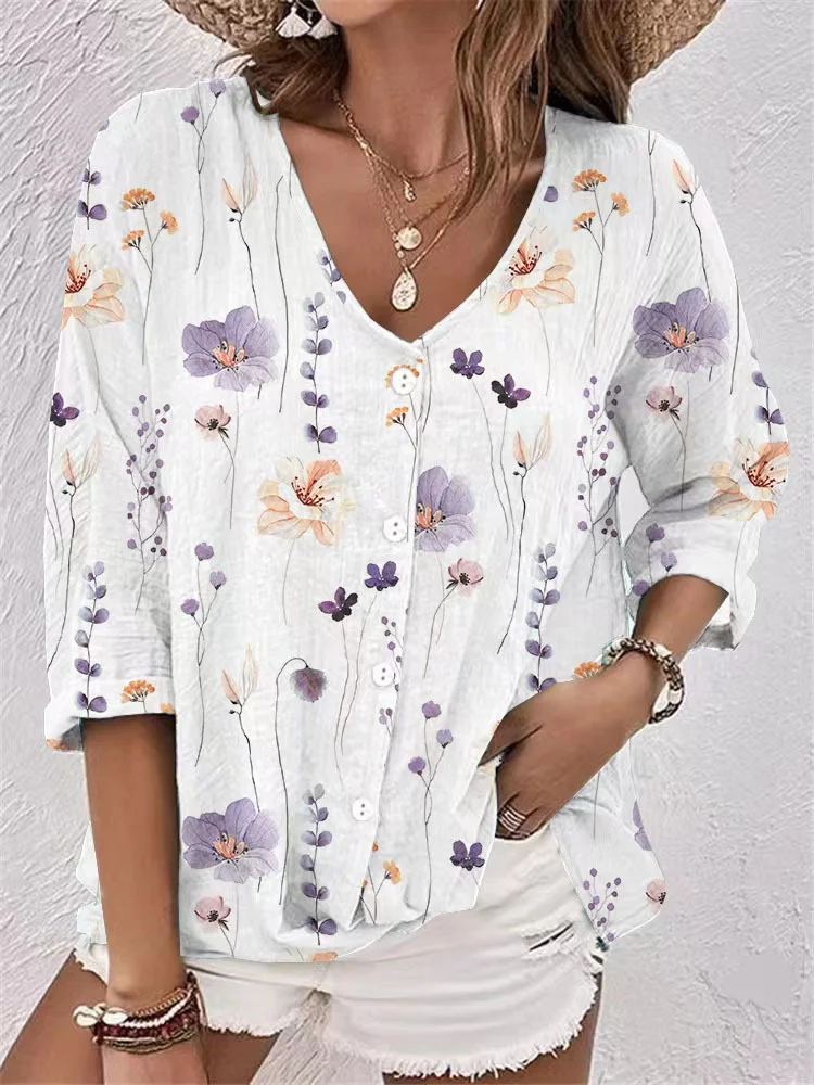 V Neck Long Sleeve Geometric Regular Loose Shirt For Women