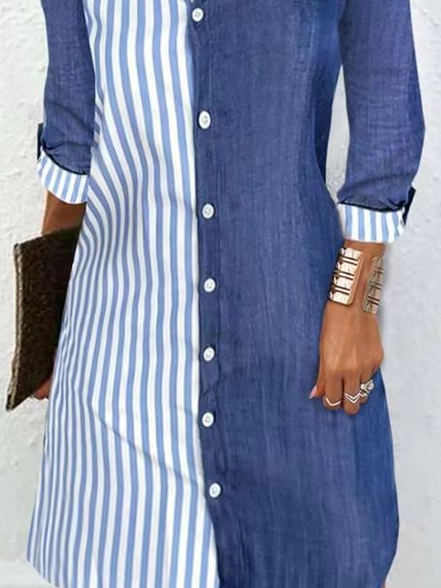 Women Striped Shirt Collar Three Quarter Sleeve Comfy Casual Mini Dress