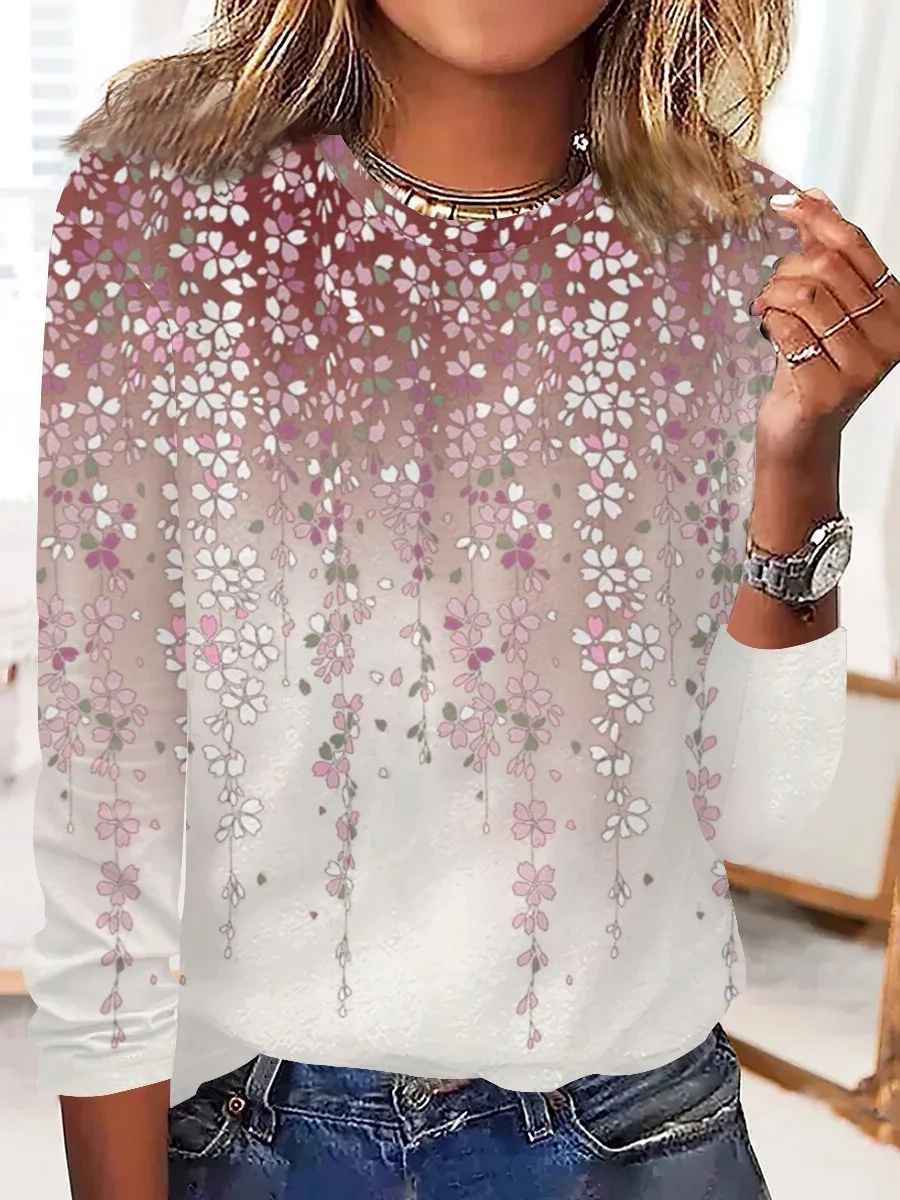 Casual Floral Crew Neck Long Sleeve T-shirt