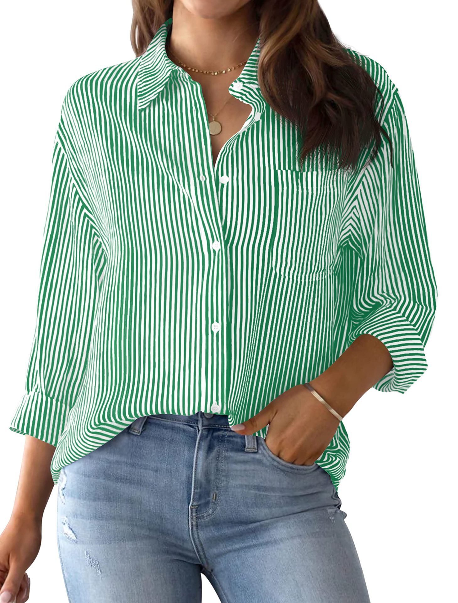 Shirt Collar Long Sleeve Striped Regular Loose Shirt For Women