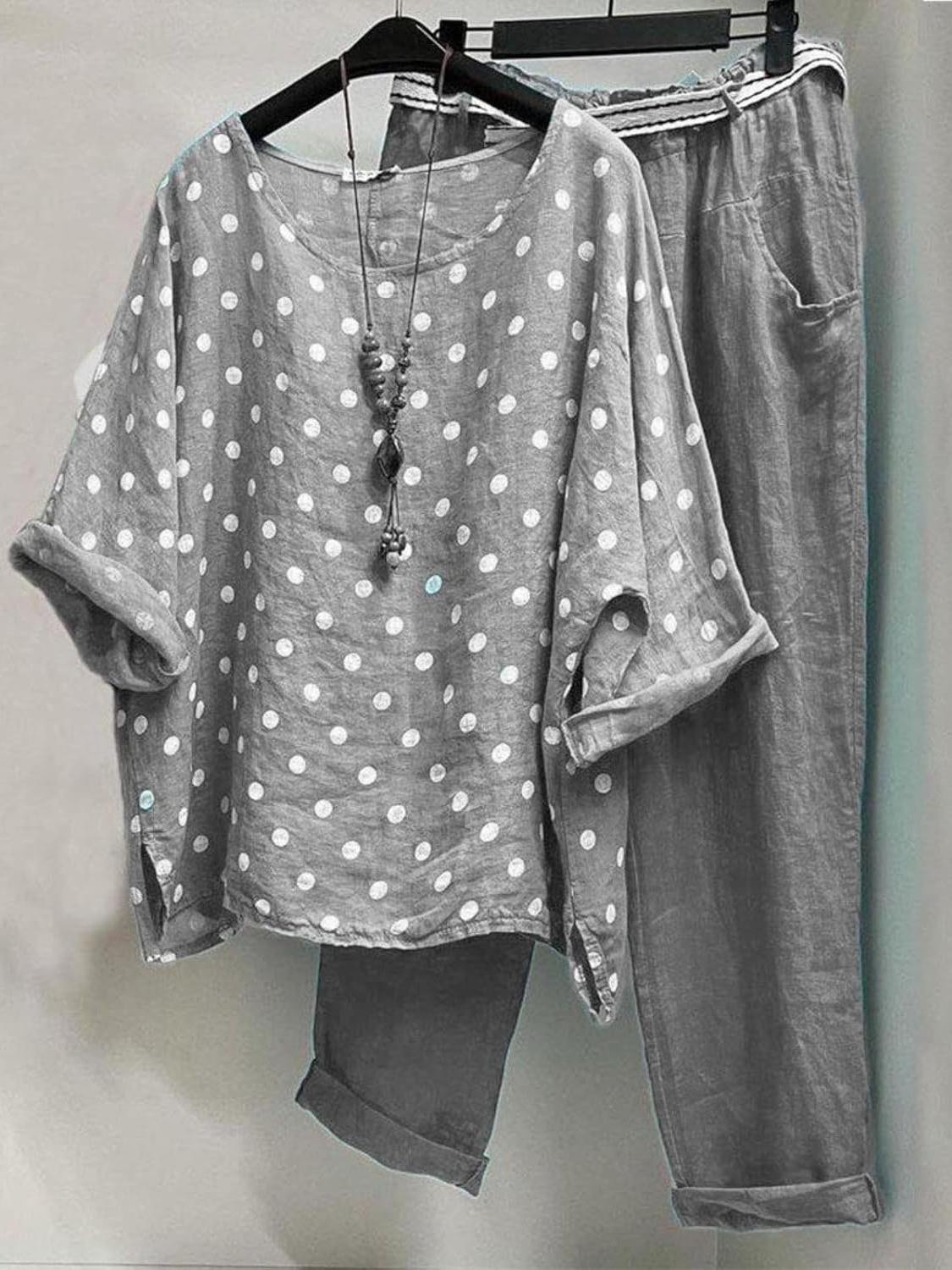 Women Polka Dots Crew Neck Half Sleeve Comfy Casual Top With Pants Two-Piece Set