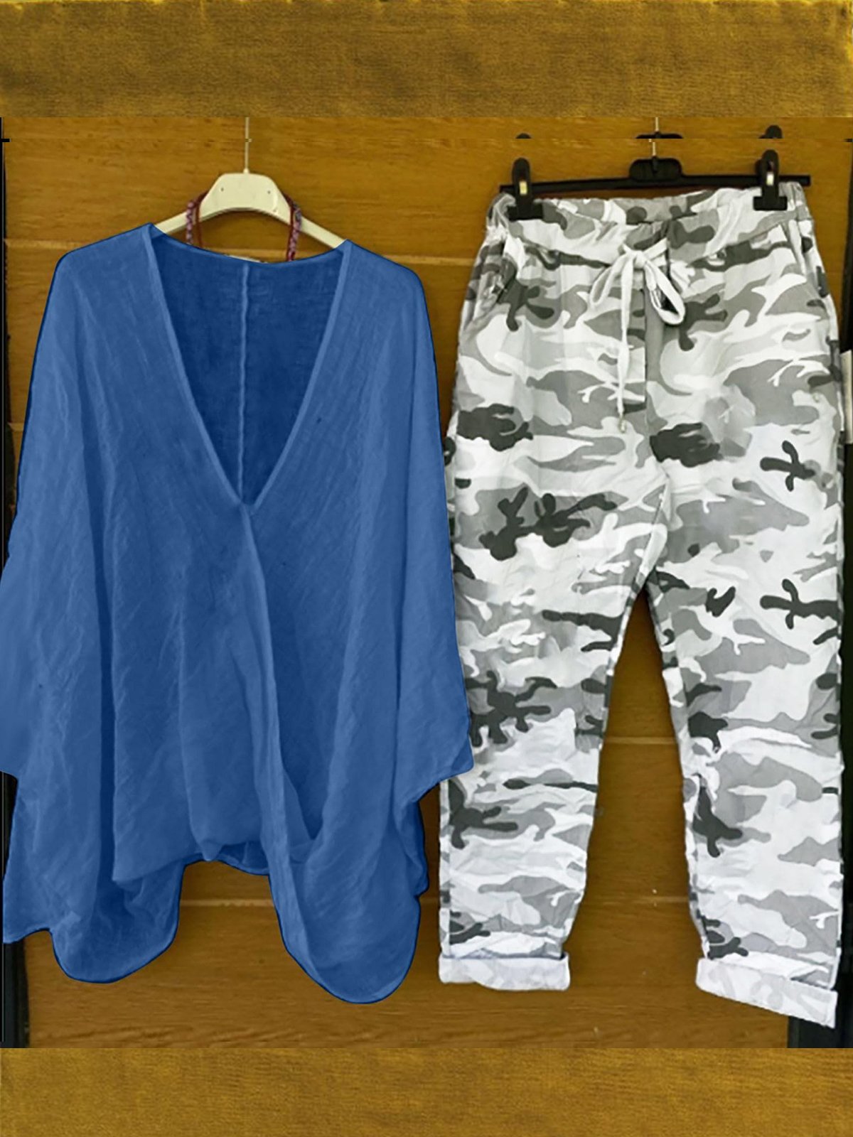 Women Camo V Neck Three Quarter Sleeve Comfy Casual Top With Pants Two-Piece Set