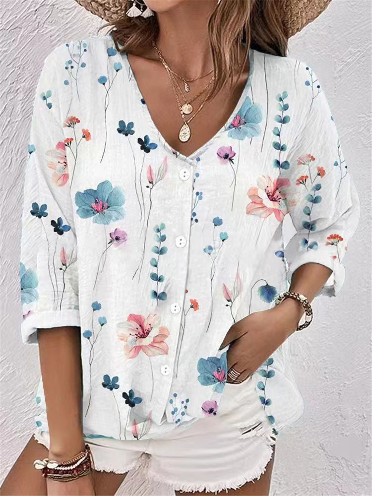 V Neck Long Sleeve Geometric Regular Loose Shirt For Women