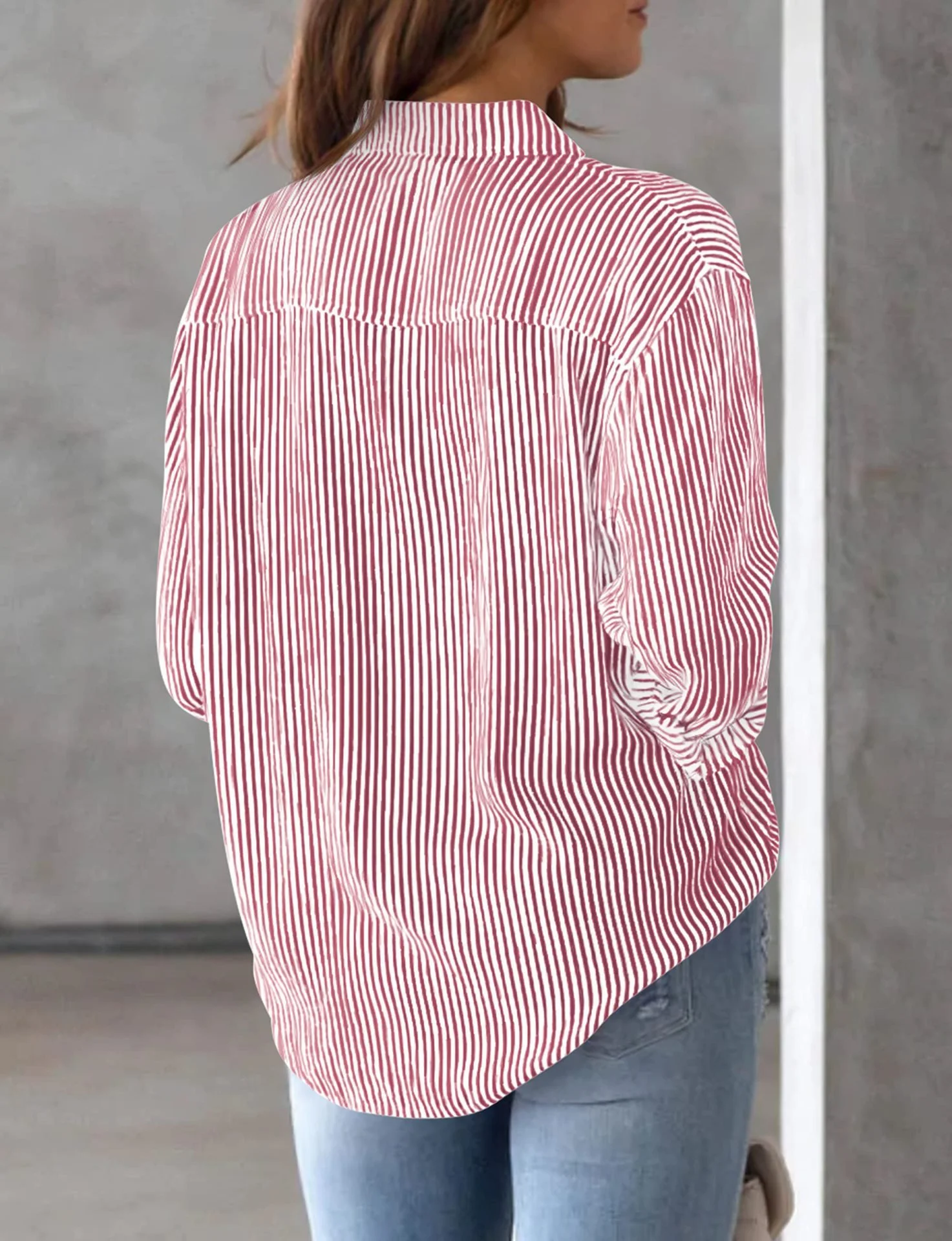 Shirt Collar Long Sleeve Striped Regular Loose Shirt For Women