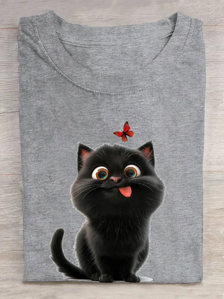 Casual Cat Crew Neck Short Sleeve T-shirt