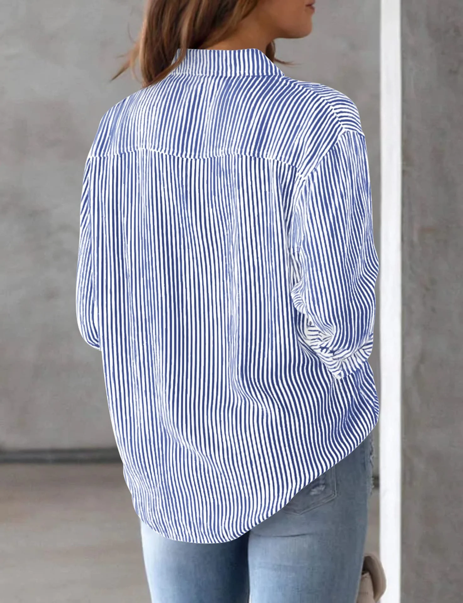 Shirt Collar Long Sleeve Striped Regular Loose Shirt For Women