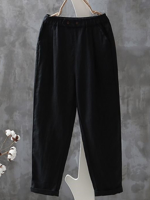 Casual Plain Cotton And Linen Long Pants