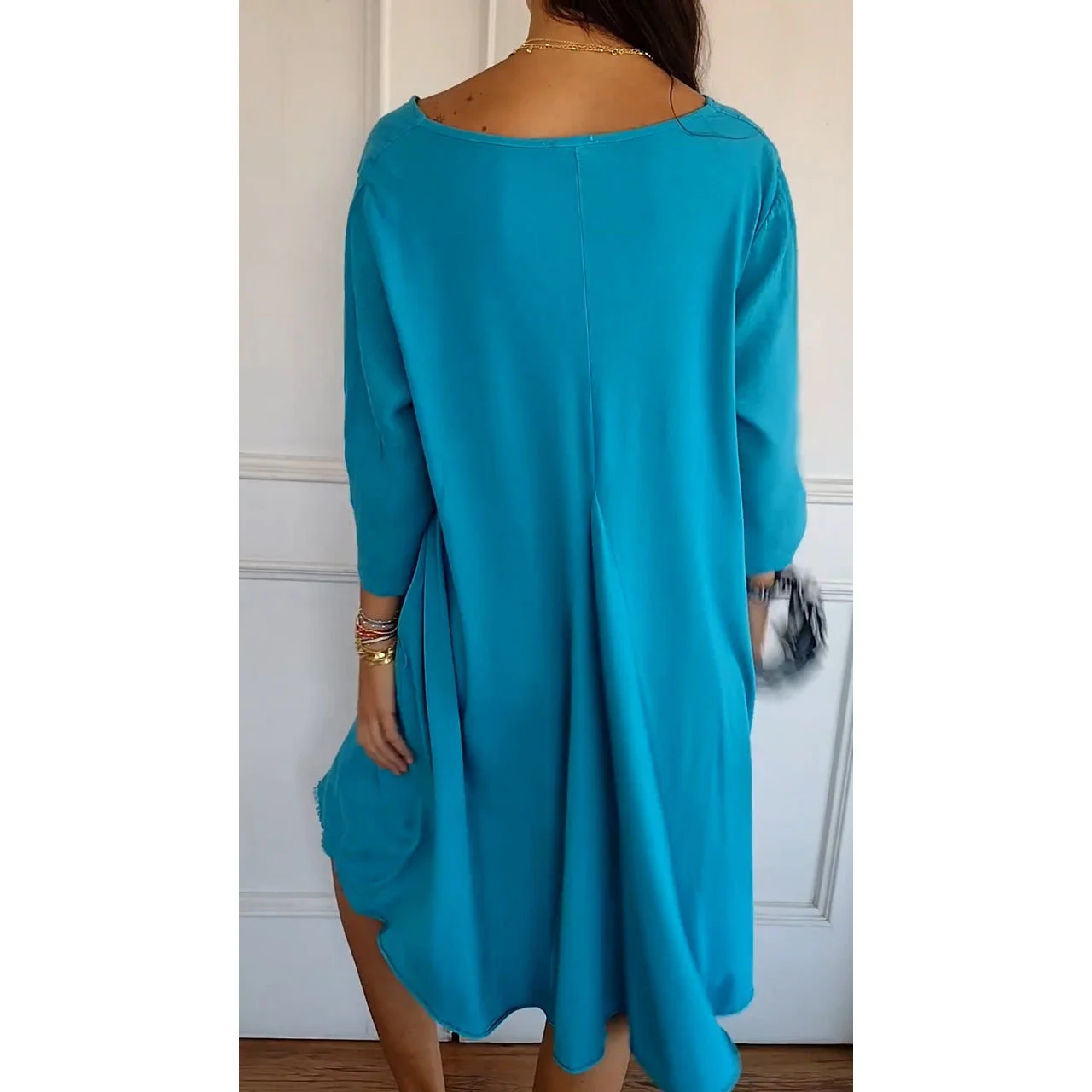 Women Plain V Neck Three Quarter Sleeve Comfy Casual Midi Dress