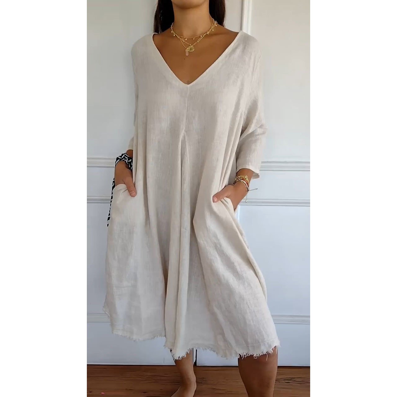 Women Plain V Neck Three Quarter Sleeve Comfy Casual Midi Dress