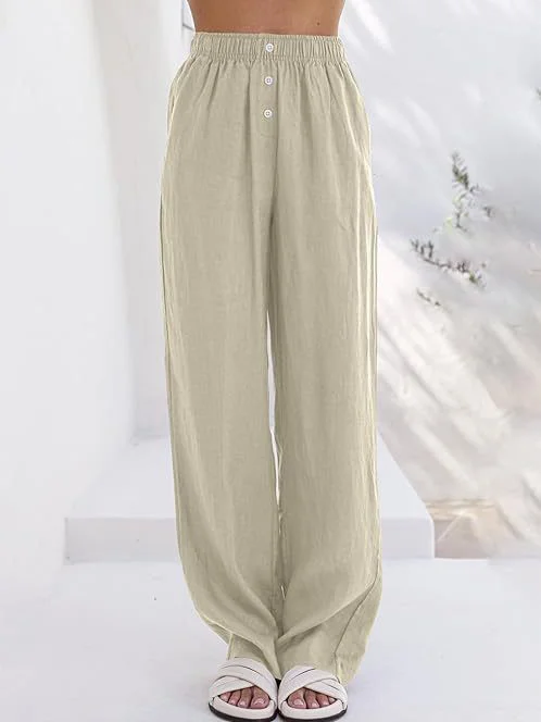 Women Casual Plain Cotton And Linen Long Buckle Loose Pants